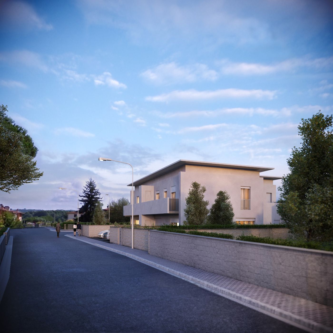 Vista della residenza lungo la nuova strada di progetto