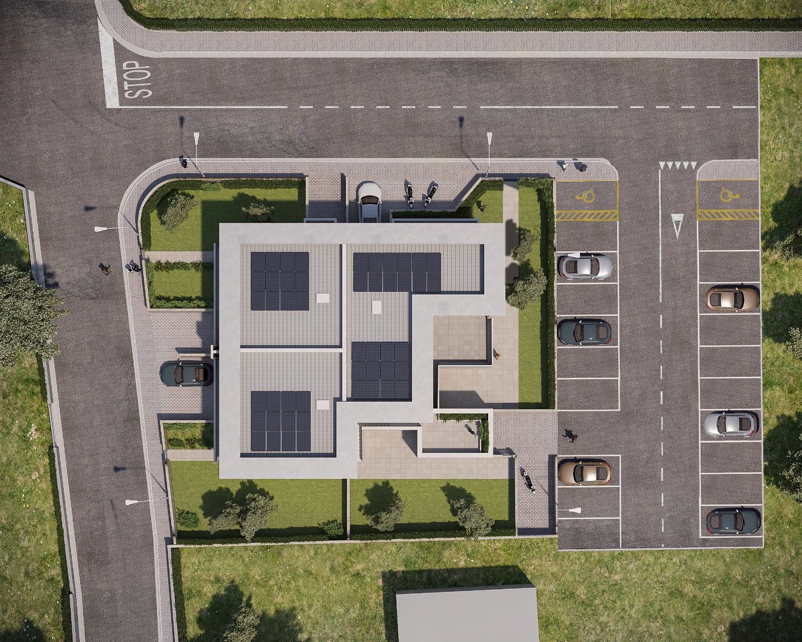 Vista aerea di Residenza Mezzopiano: copertura a terrazza, giardini privati e parcheggio pubblico