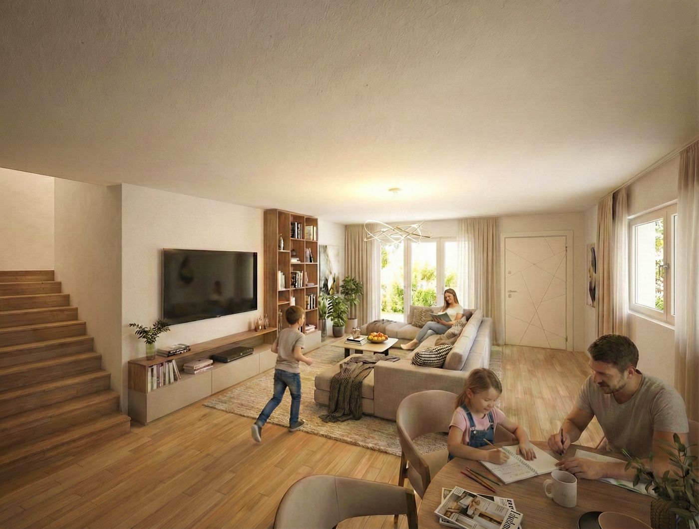 Render della zona giorno della villetta d'angolo