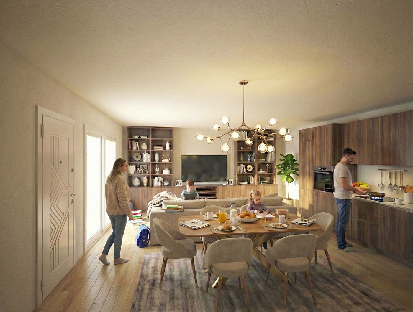 Render della zona giorno dell'appartamento al piano terra