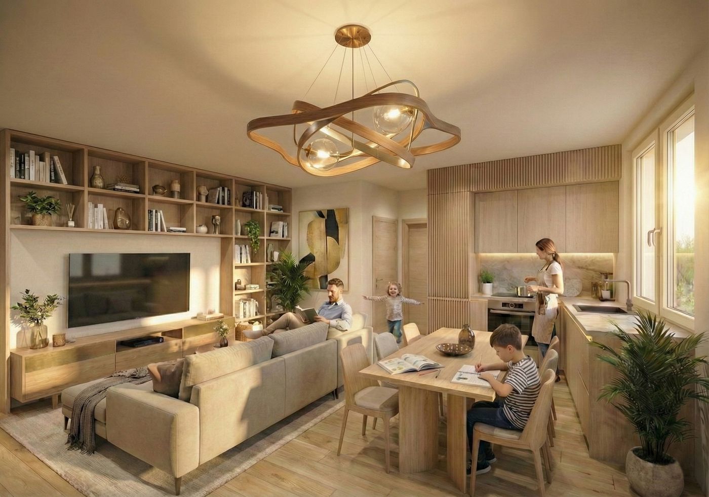 Render del salone dell'attico con cucina a vista